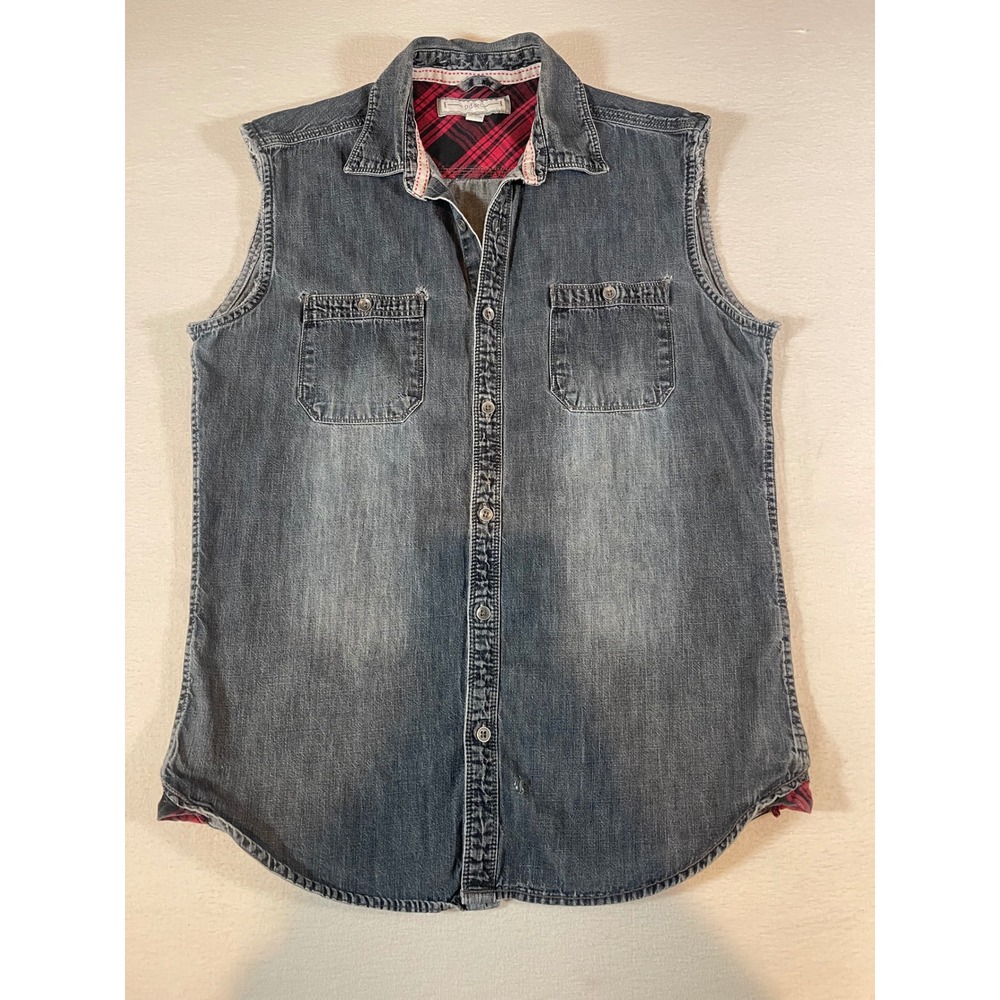 pd&c Womens Sleeveless Denim Shirt  Faded Plaid Trim Distressed Small